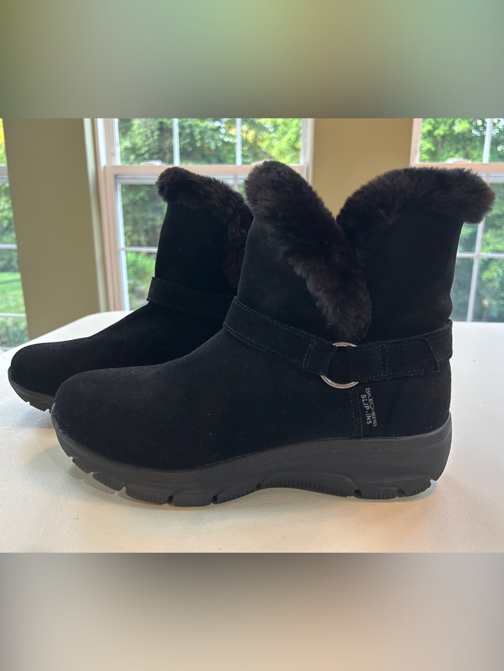Skechers Black Faux Fur Suede Winter Ankle Boots